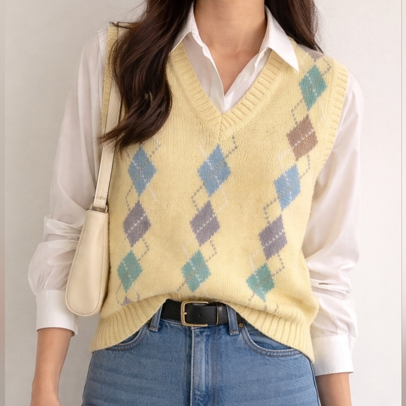 🌼 Vintage Alan Flusser Argyle Sweater Vest – 100% Cotton – Size M - Picture 2 of 10
